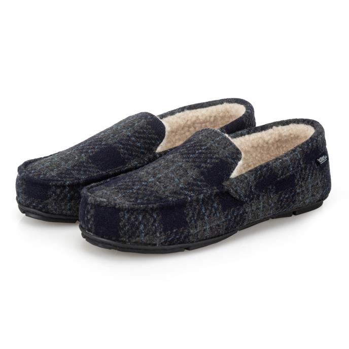 totes toasties® Mens Check Moccasin With Curly Fur Lining Navy Check Extra Image 2